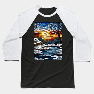 Stained Glass Window Snowy Winter Scene Baseball T-Shirt